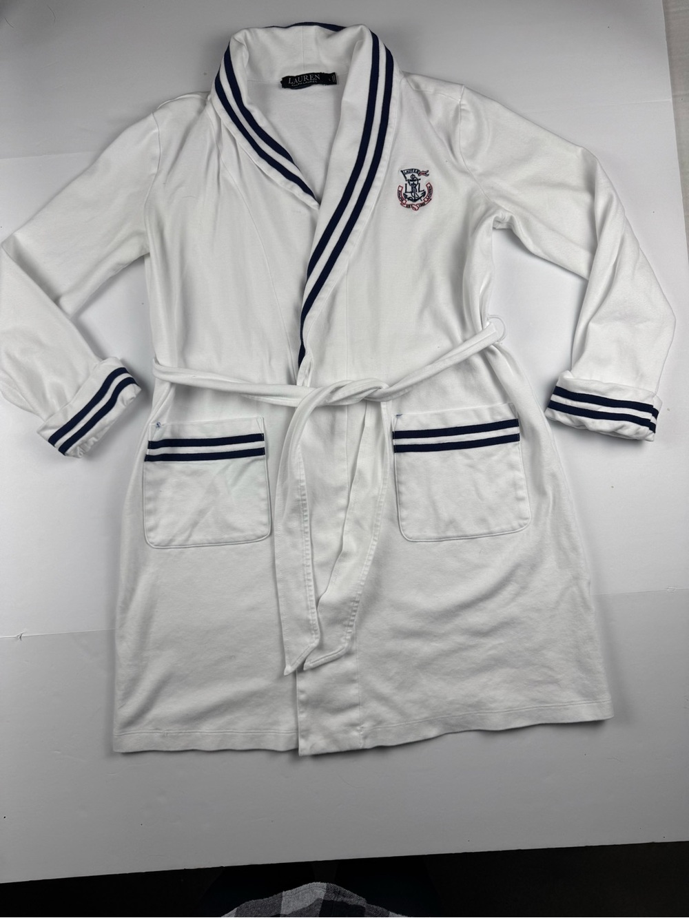 Ralph Lauren White Robe with Navy Trim and Embroidered Crest